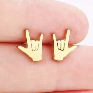 Hand Sign Earrings I Love You Rock On‎ Studs Gold Plated Stainless Steel